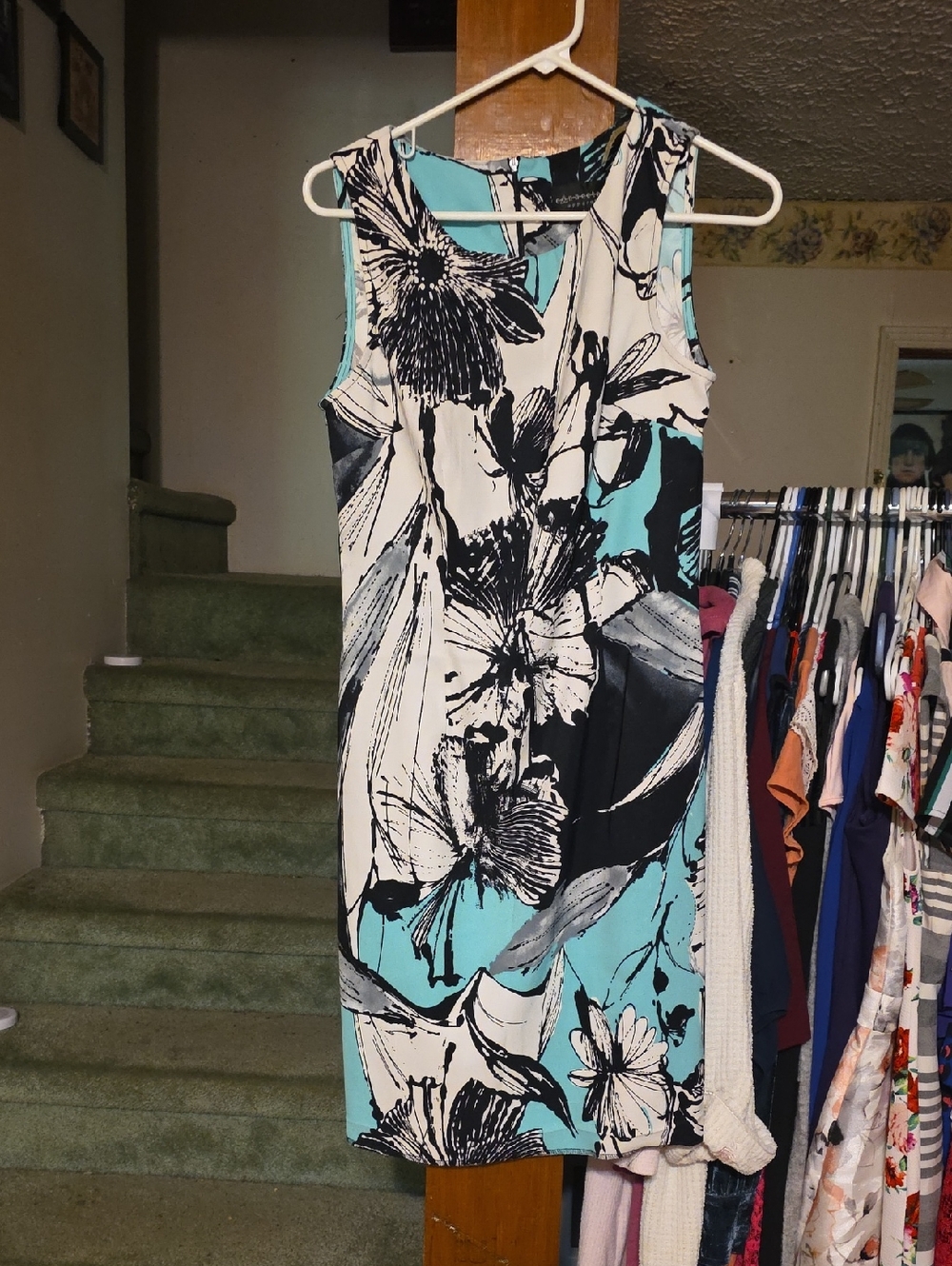 connected apparel Aqua, Black & Cream Floral Midi Dress